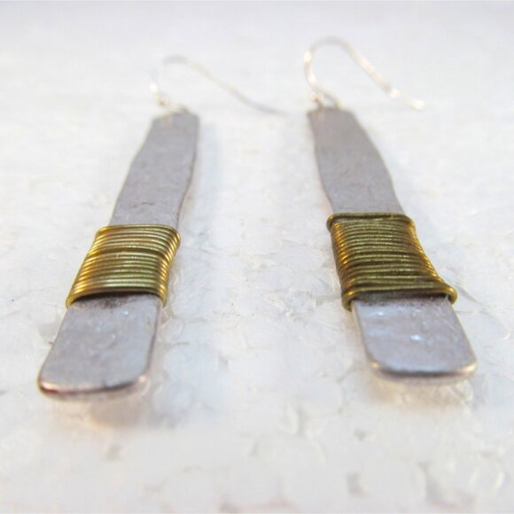 Hammered Aluminum with Copper Wire Wrap Stick Pierced Earrings - Picture 3 of 8